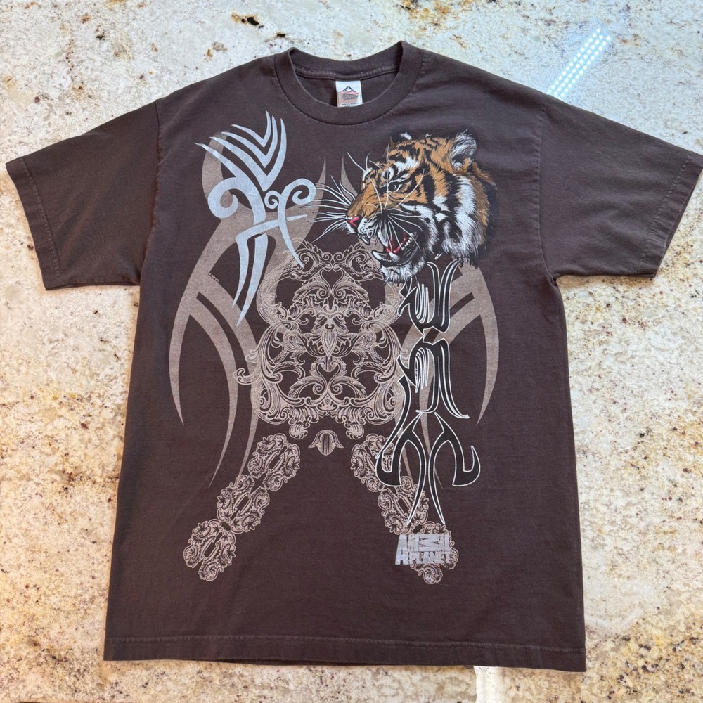 Animal Planet Tiger Graphic T Shirt Mens L Y2K Tribal Tattoo Brown 2009 Tee